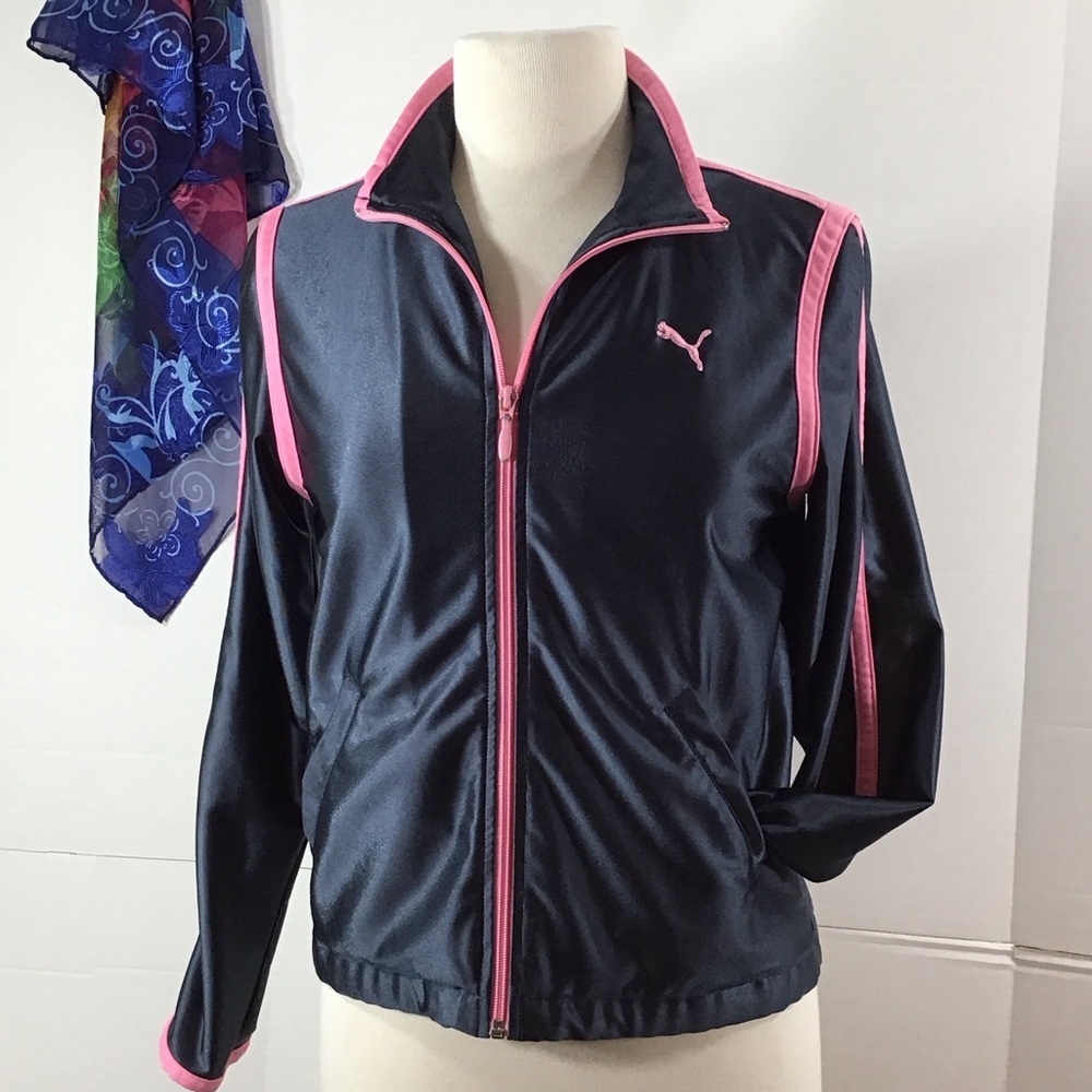 Puma Women's gray satin zip front Bomber Jacket with Pink Accents S
